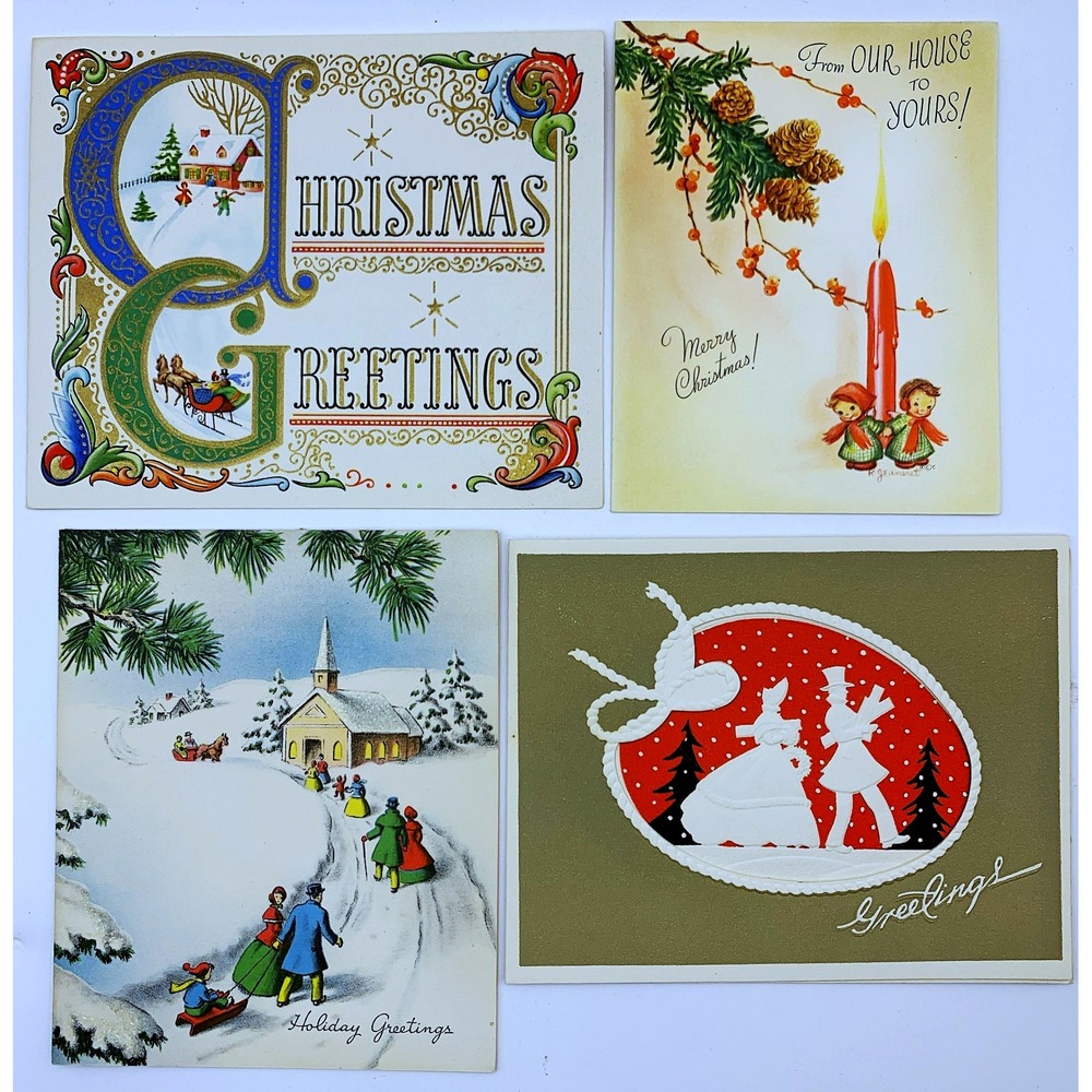 Vintage Season's Greetings Christmas Holiday Card Lot of 4-Unused-USA 1940s-50s